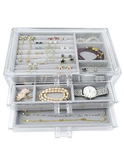 Weiai Acrylic Jewelry Box 3 Drawers, Velvet Jewellery Organizer, Earring Rings Necklaces Bracelets Display Case Gift for Women, Girls, Beige