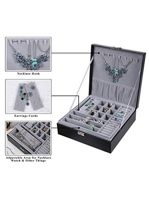 misaya Women Jewelry Box Organizer 2 Layer Large Lockable Display Jewelry Holder for Earring Ring Necklace, Gray