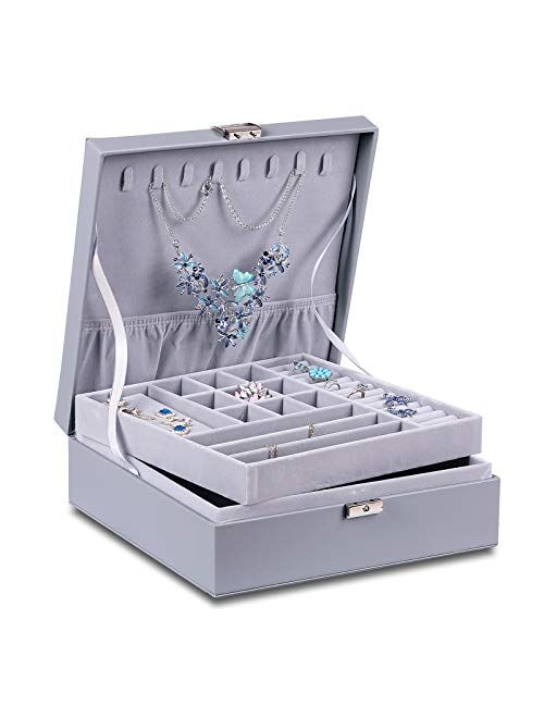 misaya Women Jewelry Box Organizer 2 Layer Large Lockable Display Jewelry Holder for Earring Ring Necklace, Gray