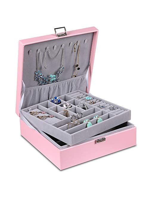 misaya Women Jewelry Box Organizer 2 Layer Large Lockable Display Jewelry Holder for Earring Ring Necklace, Gray