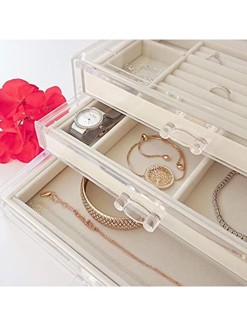 HerFav Jewelry Box for Women with 3 Drawers, Velvet Jewelry Organizer for Earring Bangle Bracelet Necklace and Rings Storage Clear Acrylic Jewelry case