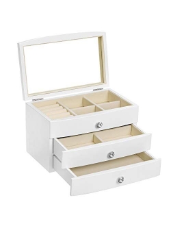 SONGMICS Jewelry Box, 3-Tier Wooden Jewelry Case, Jewelry Organizer with Large Mirror, for Rings, Necklaces, Earrings, Bracelets, Black UJOW03B