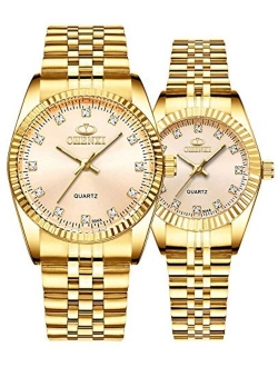 Couple Watches Classic Golden Stainless Steel Watch His and Hers Waterproof Quartz Watch