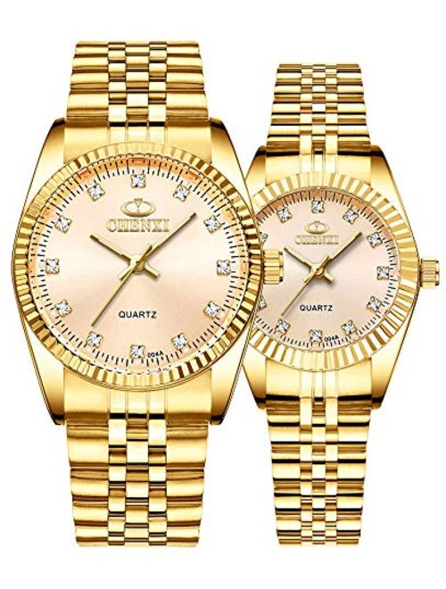 Couple Watches Classic Golden Stainless Steel Watch His and Hers Waterproof Quartz Watch