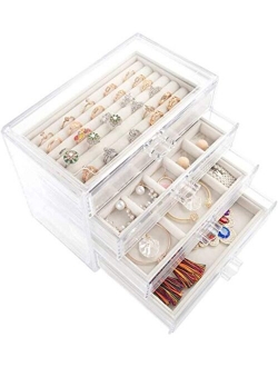 Mebbay Acrylic Jewelry Box with 4 Drawers, Velvet Jewelry Organizer for Earring Necklace Ring & Bracelet, Clear Jewelry Display Storage Case for Woman, Beige