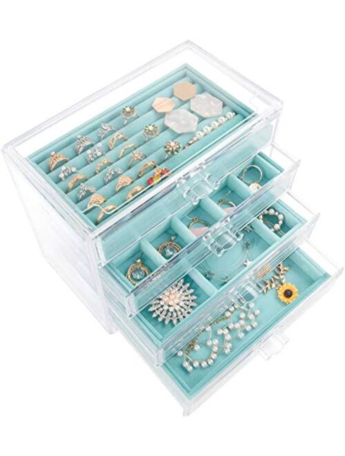 Mebbay Acrylic Jewelry Box with 4 Drawers, Velvet Jewelry Organizer for Earring Necklace Ring & Bracelet, Clear Jewelry Display Storage Case for Woman, Beige