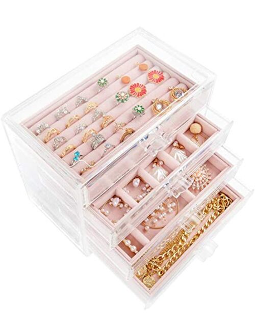 Mebbay Acrylic Jewelry Box with 4 Drawers, Velvet Jewelry Organizer for Earring Necklace Ring & Bracelet, Clear Jewelry Display Storage Case for Woman, Beige