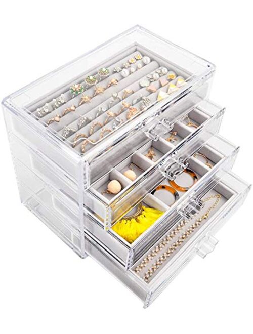 Mebbay Acrylic Jewelry Box with 4 Drawers, Velvet Jewelry Organizer for Earring Necklace Ring & Bracelet, Clear Jewelry Display Storage Case for Woman, Beige