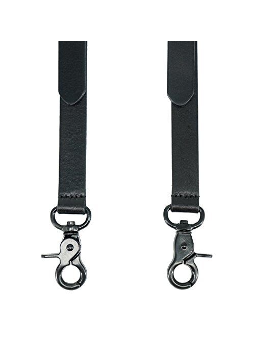 Men's Black Genuine Leather Steampunk Y Suspenders with 3 Snap Hooks Great for Wedding & Party