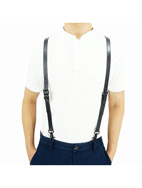 Men's Black Genuine Leather Steampunk Y Suspenders with 3 Snap Hooks Great for Wedding & Party