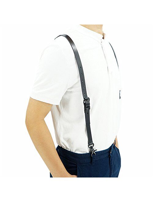 Men's Black Genuine Leather Steampunk Y Suspenders with 3 Snap Hooks Great for Wedding & Party