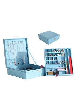 PENGKE 2 Layer Jewelry Box for Women 36 grid necklace or jewelry holder organizer with lock,Blue Pack of 1