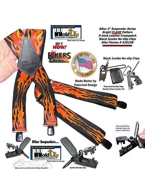 Holdup Suspender Company Flame Pattern 2" wide Biker Suspenders with Patented Jumbo black no-slip Clips