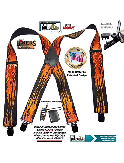 Holdup Suspender Company Flame Pattern 2" wide Biker Suspenders with Patented Jumbo black no-slip Clips