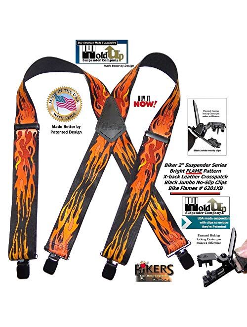 Holdup Suspender Company Flame Pattern 2" wide Biker Suspenders with Patented Jumbo black no-slip Clips