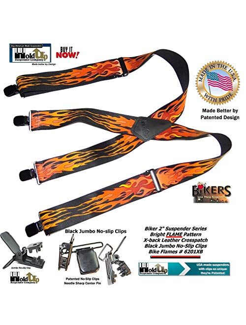 Holdup Suspender Company Flame Pattern 2" wide Biker Suspenders with Patented Jumbo black no-slip Clips