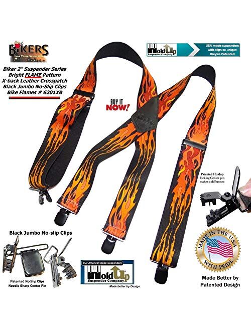 Holdup Suspender Company Flame Pattern 2" wide Biker Suspenders with Patented Jumbo black no-slip Clips