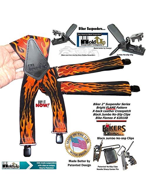 Holdup Suspender Company Flame Pattern 2" wide Biker Suspenders with Patented Jumbo black no-slip Clips