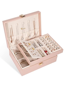 Voova Jewelry Box Organizer for Women Girls, 2 Layer Large Men Jewelry Storage Case, PU Leather Display Jewel Holder with Removable Tray for Necklace Earrings Rings Brace