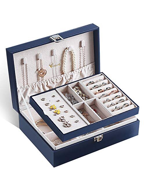 Voova Jewelry Box Organizer for Women Girls, 2 Layer Large Men Jewelry Storage Case, PU Leather Display Jewel Holder with Removable Tray for Necklace Earrings Rings Brace