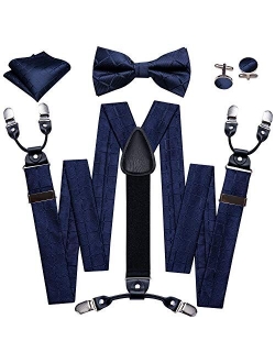 YOHOWA Suspenders for Men 6 Clips Strength Adjustable Y Braces Paisley Pre-tied Bow Tie Hankerchief Cufflinks Set Formal