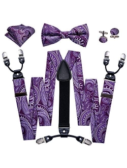 YOHOWA Suspenders for Men 6 Clips Strength Adjustable Y Braces Paisley Pre-tied Bow Tie Hankerchief Cufflinks Set Formal