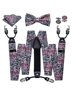 YOHOWA Suspenders for Men 6 Clips Strength Adjustable Y Braces Paisley Pre-tied Bow Tie Hankerchief Cufflinks Set Formal