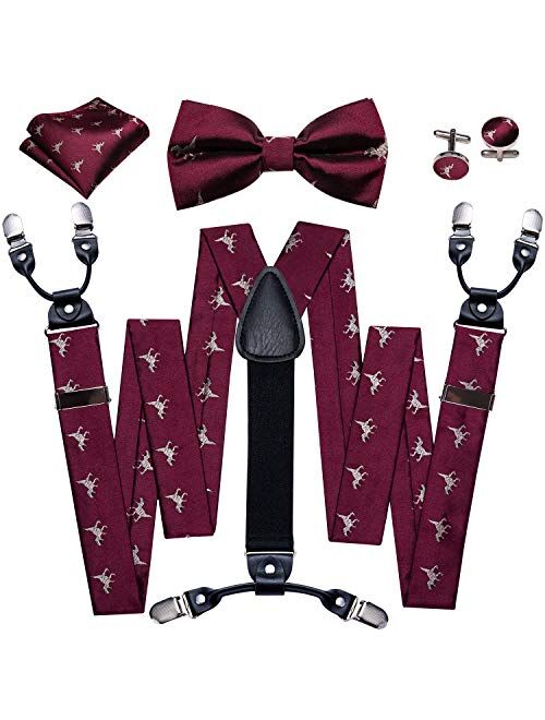 YOHOWA Suspenders for Men 6 Clips Strength Adjustable Y Braces Paisley Pre-tied Bow Tie Hankerchief Cufflinks Set Formal