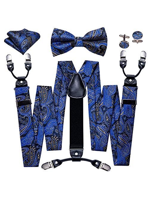 YOHOWA Suspenders for Men 6 Clips Strength Adjustable Y Braces Paisley Pre-tied Bow Tie Hankerchief Cufflinks Set Formal