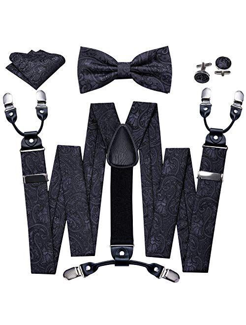 YOHOWA Suspenders for Men 6 Clips Strength Adjustable Y Braces Paisley Pre-tied Bow Tie Hankerchief Cufflinks Set Formal