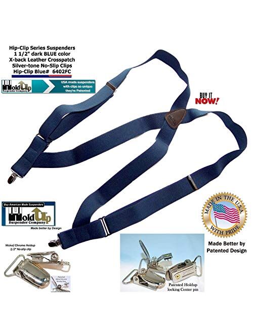 Holdup Suspender's Blue Trucker Style Hip-clip Suspenders in 1 1/2" Width and Silver-tone No-slip Clips