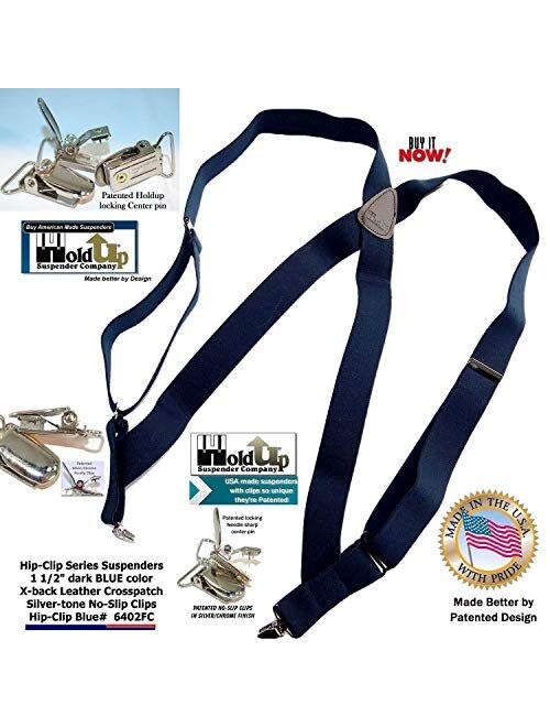 Holdup Suspender's Blue Trucker Style Hip-clip Suspenders in 1 1/2" Width and Silver-tone No-slip Clips