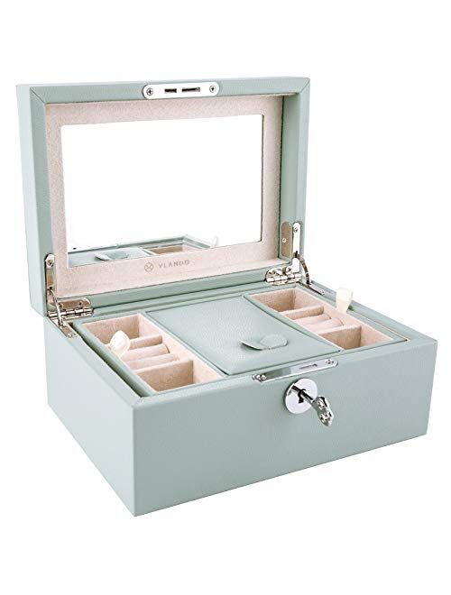 Vlando Two Tray Lockable Jewelry Box, Jewelries Collections Organizer, Girls Gift (Light Blue)