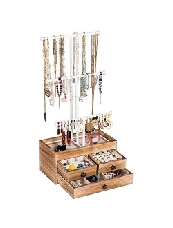 X-cosrack Jewelry Tree Stand Organizer 3 Tier Metal Jewelry Holder Stand with Wood Basic Storage Box, Adjustable Height Holder Display for Necklaces Earrings Bracelets an