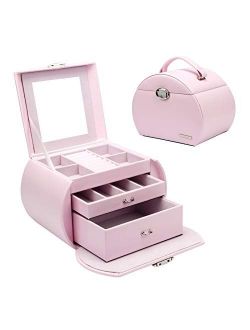 Homde Girls Jewelry Box Pink Storage Case Organizer Faux Leather with Mirror