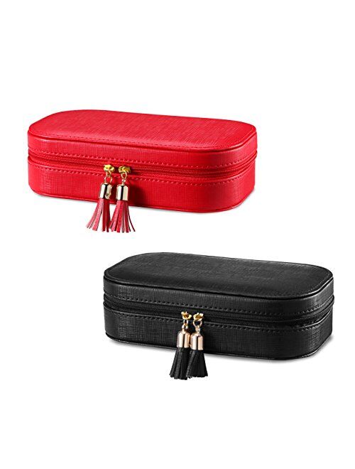 Vlando Small Travel Tassel Jewelry Box Organizer - Woman Girls Faux Leather Jewelries Storage Holder for Necklaces Earrings Rings, Black