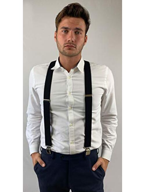 Premium Men's Y-Back Suspenders Stretch Perfect 1.5" Width for Work Style Formal Strong Heavy Duty Clips