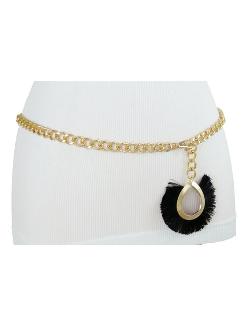 Women Dressy Fashion Belt Gold Metal Chain Dressy Black Fabric Charm Size M L XL