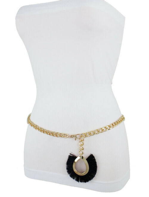 Women Dressy Fashion Belt Gold Metal Chain Dressy Black Fabric Charm Size M L XL