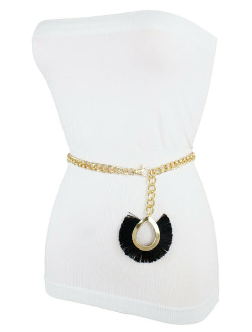 Women Dressy Fashion Belt Gold Metal Chain Dressy Black Fabric Charm Size M L XL