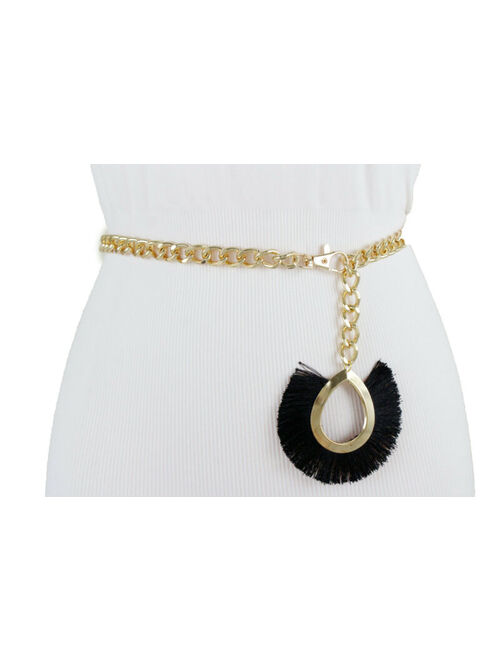 Women Dressy Fashion Belt Gold Metal Chain Dressy Black Fabric Charm Size M L XL