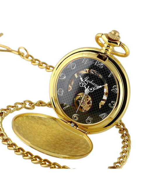 Hand-winding Black Dial Mechanical Pocket Watch Gold White Hollow Hands