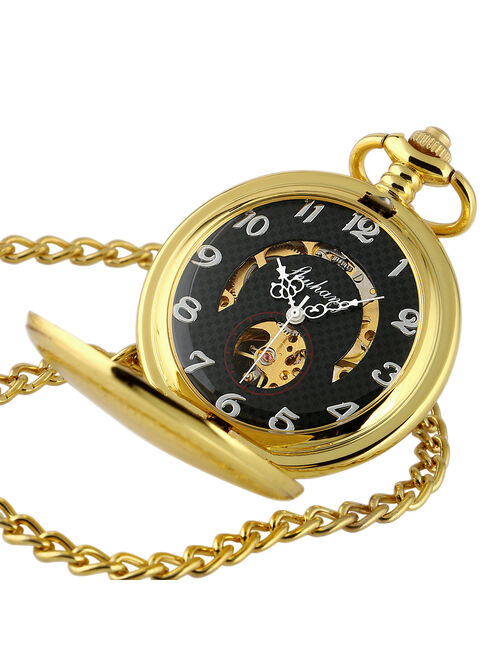 Hand-winding Black Dial Mechanical Pocket Watch Gold White Hollow Hands