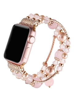 Suppeak Band Compatible with Apple Watch 42mm 44mm, Women Girl Elastic Handmade Pearl Bracelet Replacement for 42mm Series SE 6 5 4 3 2 1 ,Pink