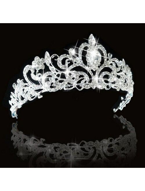 Bridal Princess Austrian Crystal Tiara Wedding Crown Veil Hair Accessory Silver