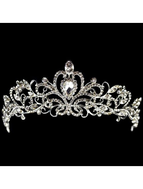 Bridal Princess Austrian Crystal Tiara Wedding Crown Veil Hair Accessory Silver