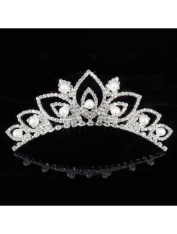 Rhinestone Tiara Crown Princess Pearl Women Girl Bridal Birthday Wedding Comb