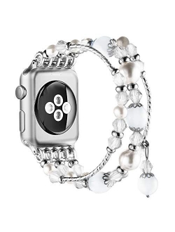 Simpeak Beaded Fashion Band Compatible with Apple Watch 38mm 40mm Series 6 SE 5 4 3 2 1, Handmade Beaded Elastic Women Bracelet Replacement for iWatch 38 40, Fixed Size 5