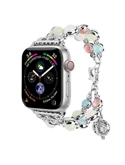 TILON For Apple Watch Band 38mm/40mm 42mm/44mm Series 6 5 4 3 2 1&SE, Adjustable Wristband Handmade Night Luminous Pearl iWatch Bracelet with Essential Oil/Perfume Storag