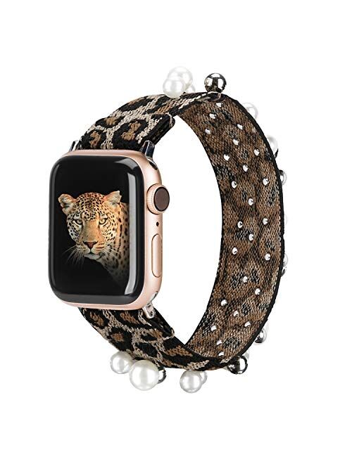 TOYOUTHS Elastic Band Compatible with Apple Watch Band Scrunchies Stretchy Solo Loop 38/40mm Leopard Pattern Soft Nylon Strap Women Replacement Wristband for iWatch Serie